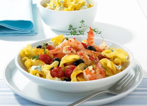 Ofen-Garnelen  mit gerösteten Bandnudeln