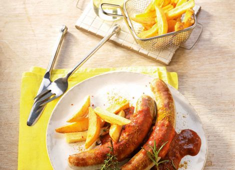Currywurst mit  selbst gemachten Pommes frites