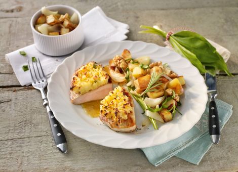 Putenschnitzel  mit Ziegenfrischkäsekruste 