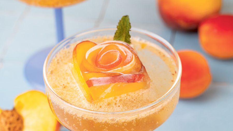 Bellini mit  Pfirsich-Aprikosen-Eiswürfeln