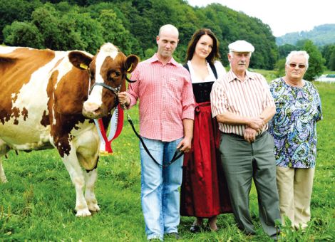 Milch von glücklichen Kühen kommt auch aus der Rhön und besonders gehört auch Verena vom Hof der Hohmanns aus Elters dazu. Inzwischen hat die Dauerleistungskuh die 100 000-Liter-Marke erfolgreich und in guter Kondition überschritten. In ihren knapp zehn Lebensjahren hat die Deutsche Holstein Rotbunte den Tierarzt nur selten gesehen. Ihr hervorragender geneti­scher Ursprung, die besonders gute Pflege durch die Landwirtsfamilie und der sommerliche Weidegang auf die „satten“ Wiesen gleich hinter den Stallun­gen dürften wesentlich dazu beigetragen haben, dass sich Verena anlässlich dieses Jubiläums auch mit gutem Fundament und einem wachen Blick den Züchtern und Gästen präsentierte. In der vergangenen Laktation gab Verena 14 609 Liter Milch bei 4,19 Prozent Fett und bei 3,40 Prozent Eiweiß. „Ihre weite Rippe spricht für eine gute Futteraufnahme und damit für ein Umsetzen in ergiebige Milch“, meinte Jost Grünhaupt, Zuchtleiter des Landesbetriebes Landwirtschaft Hessen, der gleichzeitig zu diesem Ereignis gratulierte. Siebenmal habe die Kuh gekalbt und sie bringe mit 38 Litern Milch in der Milchleistungsprüfung eine besonders hohe Tagesleistung. Für den Hessischen Verband für Leistungs- und Qualitätsprüfungen in der Tierzucht gratulierte Achim Lorey, der auch die niedrigen Zellzahlen, welche kaum über 100 000 Zellen/ml Milch in Verenas Milch herausstellte. Damit habe sowohl die Kuh „alles richtig gemacht“, als auch die Familie Hohmann sämtliche hygienischen Aufgaben voll und ganz erfüllte. Für die Rinderzüchter im Landkreis Fulda sprach deren Vorsitzender Winfried Seng die Glückwünsche aus. Die Züchterkollegen aus der Region gratulieren der Familie. Auf dem Foto mit Verena, von links: Thorsten Hohmann mit Freundin sowie Wigbert und Christa Hohmann. Text/Foto: Karl-Heinz Burkhardt