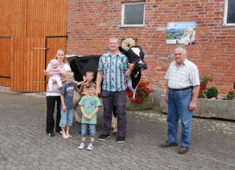 Als Hermann Jehn aus Bronnzell bei Fulda vor 15 Jahren seine erste 100000-Liter-Kuh vorstellte, führte er damit die Reihe der Dauerleistungskühe in Ost­hessen an. Jetzt folgte mit der Landmann-Tochter Marina die zweite Kuh mit dieser außergewöhnlichen Lebensleistung. Dabei sah es anfangs nicht danach aus, dass sie sich zu einer solch bestechenden, leistungsfähigen Kuh entwickeln würde. Diese edle, feinzellige Jungkuh brachte es in der Einsatzleistung auf etwas über 16 Liter Milch, hielt aber sehr gut durch und schloss die erste Laktation mit 6 025 - 4,22 - 3,44 ab, wahrlich keine herausragenden Leistungsdaten. In den folgenden Laktationen legte die Kuh dann richtig los und alle Laktationen wurden mit über 10 000 kg abgeschlossen, nach dem fünften sowie sechsten Kalb überschritt sie sogar die 12 000 kg Marke. Dass solch eine Kuh etwas Besonderes auf dem Hof von Joachim Schuhmann und Hermann Jehn ist, dürfte selbstverständlich sein. Jedenfalls reagierte die Kuh mit absoluter Vertrautheit auf den Umgang mit den Kindern der Familie Schuhmann. Bei dem problemlosen Charakter und der enormen Leistungsveranlagung hätten Hermann Jehn und Joachim Schuhmann gerne mehr weibliche Nachzucht von Marina gehabt, jetzt ruhen die Hoffnungen auf den zwei Töchtern von Odixy beziehungsweise von Bobas. Text/Foto: Jost Grünhaupt, LLH Kassel