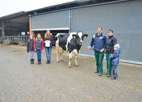 Mit ihrer Stanley II-Tochter Elana GP84 stellte die Familie von Dirk und Kerstin Fehr in Wollrode ihre dritte Kuh mit einer Lebensleistung von 100 000 Liter Milch vor. Auch zwölfjährig zeigt Elana noch einen hervorragenden Körperbau und das Euter sitzt noch am Sprunggelenk. Anhand der Ergebnisse aus der linearen Exterieurbeschreibung lässt sich die vorzügliche Weiterentwicklung der Kuh vom ersten Kalb an sehr gut ablesen. Das Leistungsbild dieser Kuh, die bei neun Laktationen einen Durchschnitt von 10 649 - 4,11 - 3,45 nachweisen kann, ist durch Ausgeglichenheit und solide Fruchtbarkeit gekennzeichnet: Die letzten fünf Kälber wurden jeweils im Oktober geboren. Kerstin Fehr hofft, dass die jüngsten Töchter von Borussia, beziehungsweise Lazio, in ihre Fußstapfen treten werden und ähnlich lange zur Füllung des Milchtanks auf ihrem Betrieb beitragen. Text/Foto: Jost Grünhaupt, LLH Kassel