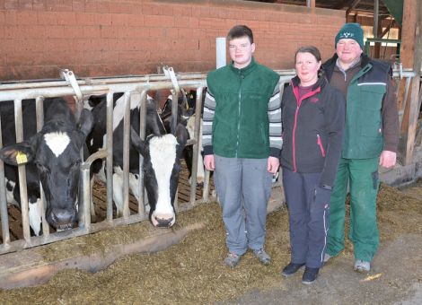 In Rasdorf-Grüsselbach am Rande des Hessischen Kegelspiels konnte die Fami­lie Bernd Helmke kürzlich gleich zwei Kühe präsentieren, welche die 100 000 Liter-Grenze überschritten haben. Mit der Stall-Nr. zwei hat eine weitere Ramos-Tochter diese Schallmauer durchbrochen und ihre Durchschnittsleistung liegt bei neun Abkalbungen bei 10 318 - 3,83 - 3,05. Die Stallgefährtin mit der Nr. 69 hat bei acht Abkalbungen eine Durchschnittsleistung von 11 054 - 3,59 - 3,08 vorzuweisen. „Beide Kühe sind in unserer Herde über Jahre hinweg die fleißigsten gewesen, ohne dabei irgendwelche Probleme zu verursachen“, fassen Bernd Helmke und seine Familie ihre Erfahrung zusammen. „Kühe mit über 80 000 Liter Milch hatten wir schon mehrfach, doch es macht uns schon ein wenig stolz, dass wir jetzt gleich zwei Kühe mit über 100 000 Liter Milch zu einem Termin präsentieren können“, so die Betriebsleiterfamilie. Jetzt ruhen die Hoffnungen natürlich unter anderem auf den Töchtern der beiden Kühe, von denen schon einige in die Herde integriert werden konnten.Text/Foto: Jost Grünhaupt, LLH Kassel