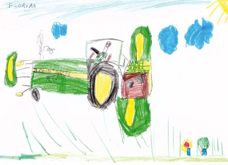 Ganz toll gelungen ist auch dieses schöne Bild. Es zeigt einen Traktor von John Deere mit angehängtem Mähwerk. Gemalt hat es Florian (7 Jahre) aus Hilders.