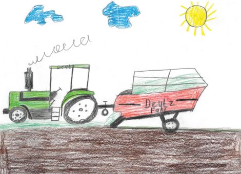 Ben (11 Jahre) aus Bad Hersfeld hat uns dieses tolle Bild zugeschickt. Ihr seht darauf den Deutz-Traktor seines Vaters mit Ladewagen.