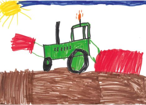 Dieses Kunstwerk hat uns Moritz (7 Jahre) aus Steinau-Ulmbach zugeschickt. Ihr seht darauf einen Traktor von John Deere mit Mulchgerät und Frontgewicht.