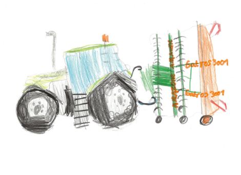 Tom (9 Jahre) aus Birstein hat dieses Kunstwerk gemalt. Es zeigt den Deutz-Traktor mit Scheibenegge, mit dem er und sein Papa die Äcker in Leisenwald vorbereiten.