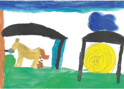 Auf diesem tollen Bild seht ihr das Pferd Lady auf der Weide stehen. Gemalt hat es Caroline (8 Jahre) aus Groß-Umstadt/Semd.