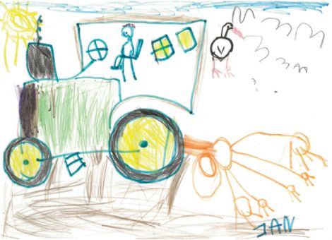 Auf diesem Bild seht ihr einen Landwirt in seinem Traktor beim Bestellen des Feldes. Gemalt hat das tolle Kunstwerk Jan (5 Jahre) aus Böhl-Iggelheim.