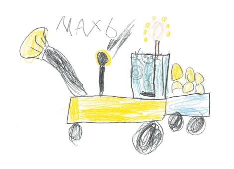 Sehr gut gefallen hat uns auch dieses Bild von Max 
(6 Jahre) aus Selters-Eisenbach. Es zeigt seinen Freund Klaus mit seinem Traktor. Im Anhänger hat Klaus Rundballen geladen. 