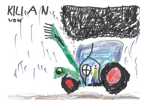 Kilian (5 Jahre) aus Künzell-Wissels hat dieses tolle Bild gemalt. Es zeigt seinen Opa Hermann bei der Arbeit  mit dem Fendt-Traktor.