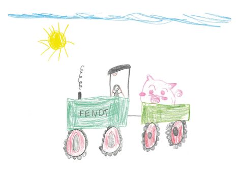 Dieses tolle Bild hat Mia (6 Jahre) aus Fulda gemalt. Es zeigt einen Fendt-Traktor mit Anhänger. Ganz besonders niedlich ist das Schwein im Anhänger.