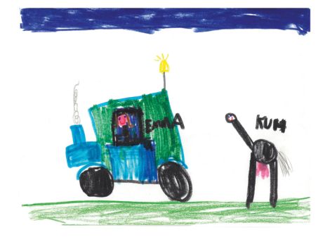 Dieses tolle Bild hat Emma (6 Jahre) aus Ebersburg gemalt. Es zeigt, wie Emma im Traktor gerade nach den Kühen auf der Weide sieht.