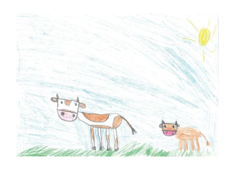 Ganz wunderbar gelungen ist dieses Bild. Es zeigt eine Kuh, die mit ihrem Kalb auf der Weide steht. Gemalt hat es Marie (7 Jahre) aus Neukirchen-Hauptschwenda.