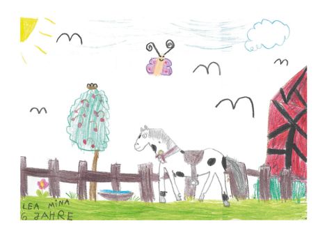 Das Pferd Nero genießt einen herrlichen Tag im Garten. Am rechten Bildrand seht ihr eine schöne Fachwerkscheune. Lea (6 Jahre) aus Allendorf-Battenfeld hat das tolle Bild gemalt.