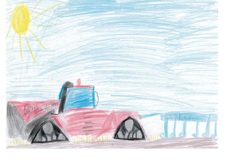 Ganz toll gelungen ist auch dieses Bild. Es zeigt eine Case-Raupe mit einem Grubber von Lemken. Gemalt hat es Hendrik (7 Jahre) aus Neukirchen-
Rückershausen.