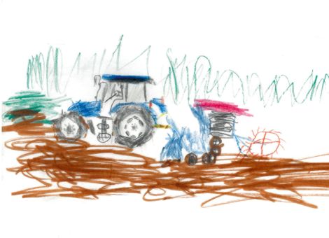 Auf diesem wunderbaren Bild seht ihr einen Traktor mit Sämaschine. Gemalt hat es Mattis (6 Jahre) aus Flieden.
