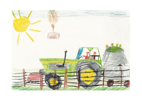 Ein tolles Kunstwerk ist dieses Bild von Matteo (6 Jahre) aus Steffenberg. Es zeigt einen Traktor mit angehängtem Fass. Am Himmel ist ein Heißluftballon zu sehen.
