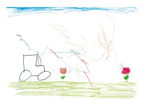 Marlon aus Neuhof-Giesel ist 2 Jahre alt und hat diesen tollen Traktor von seinem Papa auf einer Blumenwiese gemalt. 