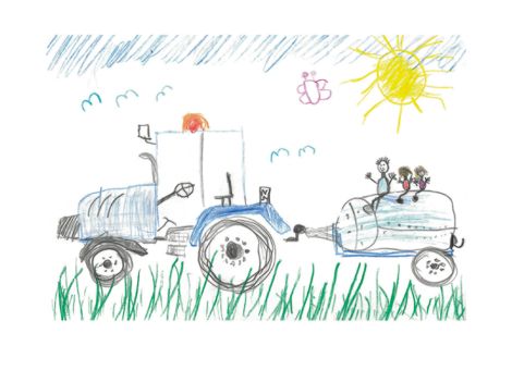 Jonas (5 Jahre) aus Oberzent-Beerfelden hat dieses tolle Bild gemalt. Es zeigt einen Traktor, der ein Wasserfass zieht. Auf dem Fass sitzt Jonas mit seinen Zwillingsschwestern Mona und Stina.