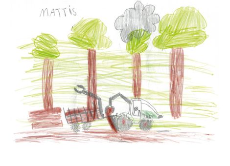 Auf diesem tollen Bild seht ihr, wie mit einem Fendt Baumstämme verladen werden. Mattis (7 Jahre) aus Flieden hat es für die Kinderseite  gemalt.