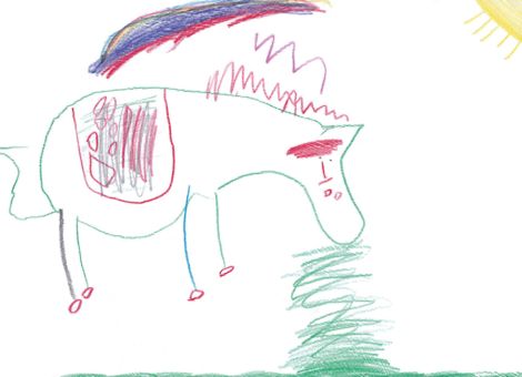 Auf 
diesem wunderbaren Bild seht ihr ein Pferd beim Fressen. Über dem Pferd ist ein Regenbogen zu sehen.
Katharina (3 Jahre) aus Heppenheim hat das schöne Bild gemalt.