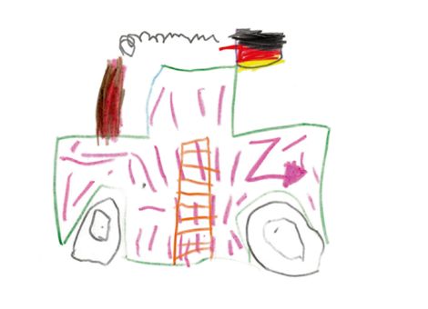 Dieses tolle Bild hat Emil (4 Jahre) aus Alzey gemalt. Ihr seht darauf den Traktor seines Großvaters, mit dem er gerne mit aufs Feld fährt. Auf dem Traktor weht die Deutschland-Flagge.