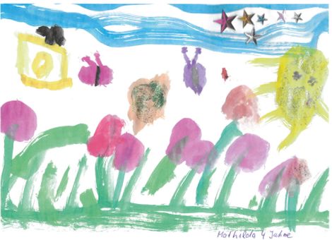 Herrliche Blumen und schöne Schmetterlinge könnt ihr hier auf dem tollen Bild von Mathilda (4 Jahre) aus Bad Laasphe-Hesselbach sehen.