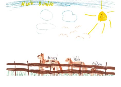 Marie (8 Jahre) aus Neukirchen-Hauptschwenda liebt Pferde. Auf ihrem tollen Bild seht ihr einen Hengst, eine Stute und ein Fohlen auf der Koppel.