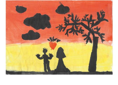 Mit ganz tollen Farben hat Marie (8 Jahre) aus Neukirchen-Hauptschwenda dieses schöne Bild gemalt. Es zeigt einen Mann und eine Frau, die sich einen Sonnenuntergang ansehen. 