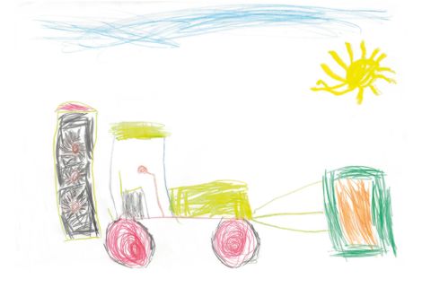 Mats (5 Jahre) aus Vöhl-Marienhagen hilft gerne bei seinen Großeltern auf dem Bauernhof mit. Dieses tolle Bild hat er gemalt. Ihr seht darauf einen Traktor mit Mähwerk.