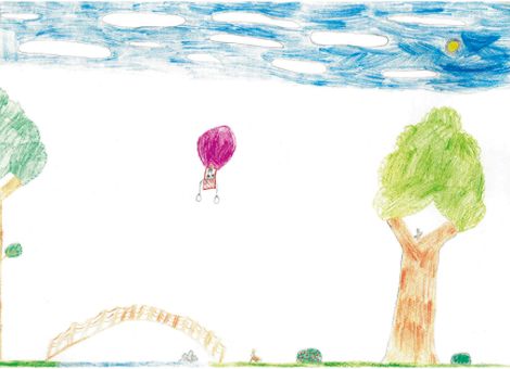 Anna (8 Jahre) aus Eberstedt hat dieses wunderbare Landschaftsbild gemalt. Ihr seht darauf unter anderem die Ilmbrücke und einen Heißluftballon.