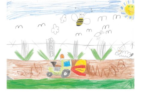 Dieses tolle Bild zeigt einen Landwirt bei der Arbeit mit Traktor und Rundballenpresse. Finja (7 Jahre) aus Kirchheim hat dieses schöne Bild für die Kinderseite gemalt.