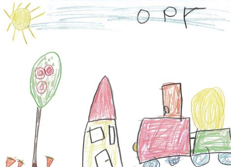 Dieses wunderbare Bild hat Charlotte (4 Jahre) aus Ilbeshausen gemalt. Es zeigt, wie ihr Opa Rundballen mit dem Traktor zum Hof transportiert.