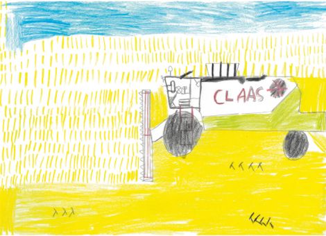 Andre (9 Jahre) aus Poppenhausen hat dieses tolle Bild gemalt. Er fährt zur Erntezeit gerne auf dem Mähdrescher mit.