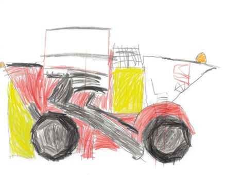 Auf diesem tollen Bild seht ihr einen Kartof-felvoll­ernter von Grimme. Gemalt hat das Kunstwerk Philipp (6 Jahre) aus Biblis.