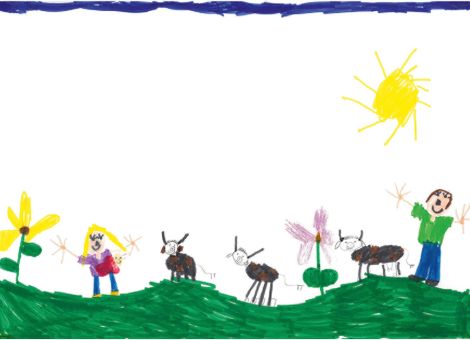 Lotte (7 Jahre) aus Stockhausen hat dieses herrliche Bild gemalt. Es zeigt ihre Tante mit Tochter Elise im Arm, ihren Onkel und deren Rinderherde in der Rhön.