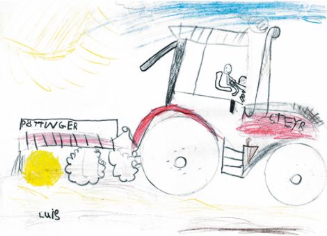 Luis (6 Jahre) aus Florstadt hat uns dieses tolle Bild zugeschickt. Ihr seht darauf einen Traktor von Steyr mit einer Scheibenegge von Pöttinger.