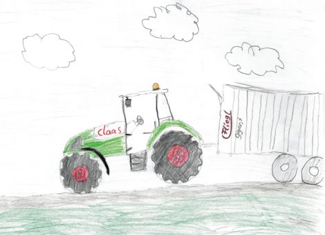 Auf diesem wunderbaren Bild von Jule (10 Jahre) aus Dipperz seht ihr einen Schlepper von Claas mit Anhänger.