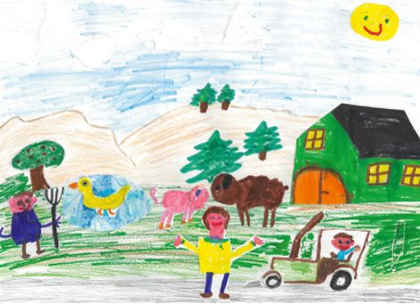 Dieses wunderbare Bauernhofbild mit vielen Tieren und Landwirtsfamilie hat Franziska (5 Jahre) aus Vöhl-Buchenberg gemalt.