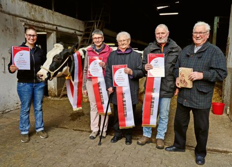 Einen Erfolg der besonderen Art konnte die Familie Müller auf ihrem Weidenhof in Wächtersbach-Neudorf präsentieren. Derzeit stehen vier Kühe im Betrieb, die die Lebensleistung von 100 000 Litern Milch zum Teil schon deutlich überschritten haben. Der Listenführer ist die Jocko Besne-Tochter Agneta, die mit neun Abkalbungen und einer Durchschnittsleistung von 11 406 – 3,70 – 3,28 zu Buche steht und mit ebenfalls über 11 000 kg im Durchschnitt liegt die Lee-Tochter Bikini auf einem vergleichbaren Level. Nach der Pok-Tochter Gunni hat auch vor kurzem die Mtoto-Tochter Dorina das Leistungsziel erreicht und diese Kuh zeigt sich noch aktuell in einer so bestechenden Verfassung, dass ihr die Exterieurbewertung EX90 zugeschrieben wurde. Für die Familie Müller mit ihrem Team auf dem Weidenhof war es deswegen klar, dass dieses Quartett eine besondere Würdigung wert ist. Gleichzeitig ein Grund, Freunde und Gäste zu einer Vorstellung des Quartetts auf den Weidenhof einzuladen. In Anbetracht des derzeit festzustellenden Zeitgeistes, da ist sich die Familie einig, ist es umso wichtiger, die Kühe mit hohen Lebensleistungen auch der Öffentlichkeit zu zeigen. Denn sie sind das beste Argument, wenn es darum geht, Personen auch von außerhalb der landwirtschaftlichen Tierhaltung die notwendigen Erläuterungen zum Umgang mit den Kühen darzustellen. Text: Grünhaupt, LLH Kassel. Foto: Lohrey