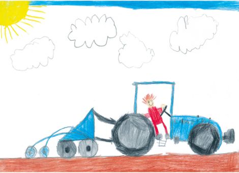 Robin (8 Jahre) aus Gilserberg-Heimbach hat dieses tolle Bild gemalt. Ihr seht darauf ihn selbst in einem Landini Powerfarm 95. An den Traktor angehängt ist eine Kurzscheibenegge von Lemken. 