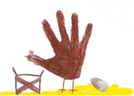 Dieses hübsche Zwerghuhn, das so keck in die Gegend schaut, hat Andre (9 Jahre) aus Poppenhausen aus einem Abdruck seiner Hand gestaltet.