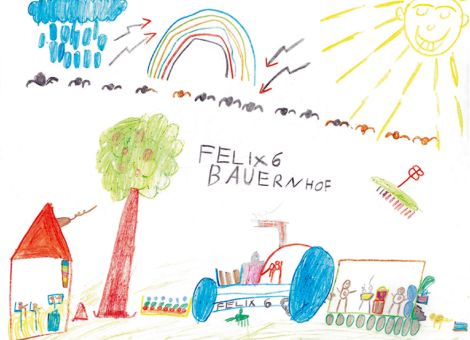 Von Felix (6) Jahre aus Wiesbaden-Igstadt erhielten wir dieses wunderbare Bild. Ihr seht darauf seine Geburtstagsgäste, die gerade eine Ausfahrt ins Feld machen.