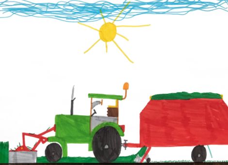 Ganz toll gelungen ist auch dieses Bild von Jakob (8 Jahre) aus Künzell-Pilgerzell. Es zeigt den ersten Schnitt des Jahres: Vorne wird mit dem Mähwerk Gras gemäht und dann hinten auf den Wagen geladen. 