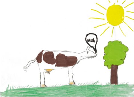 Andre aus Poppenhausen ist 9 Jahre alt und hat diese wunderbare Fleckvieh-Kuh auf der Weide für die Kinderseite gemalt.