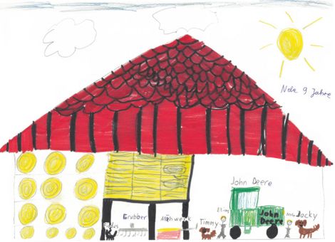 Nele (9 Jahre) aus Neukirchen-Hauptschwenda hat den Bauernhof ihres Opas gemalt. Darauf gibt es eine Menge zu entdecken, unter anderem seht ihr den Auszubildenden Elias, Nele selbst und die Hunde Timmy und Jacky. Ein tolles Bild!