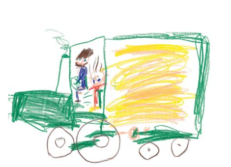 Dieses tolle Kunstwerk erhielten wir von Johannes (5 Jahre) aus Eiterfeld-Reckrod. Es zeigt ihn selbst mit seinem Papa im Deutz-Traktor. Die beiden transportieren im Anhänger Gerste.
