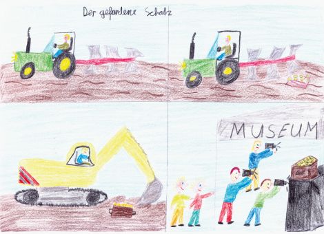 Dieses tolle Kunstwerk hat Noah (8 Jahre) aus Stadtallendorf gemalt. Es ist eine Bildergeschichte mit dem Titel „Der gefundene Schatz“. Schaut sie euch genau an!